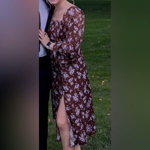 Floral Slit Midi Dress - Brown